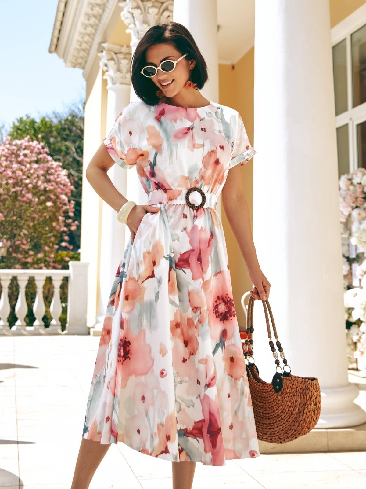 Літнє плаття кльош в рожеві квіти | 89639