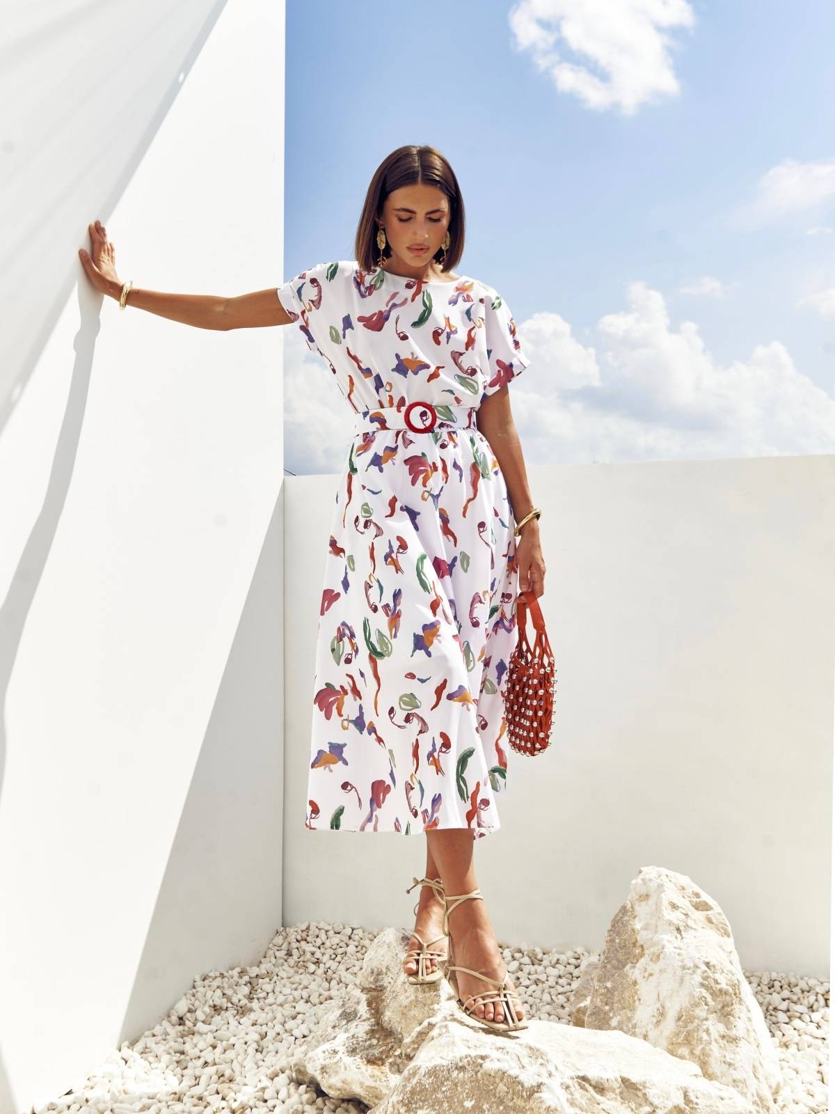 Літнє плаття кльош із софту біле з принтом | 89627