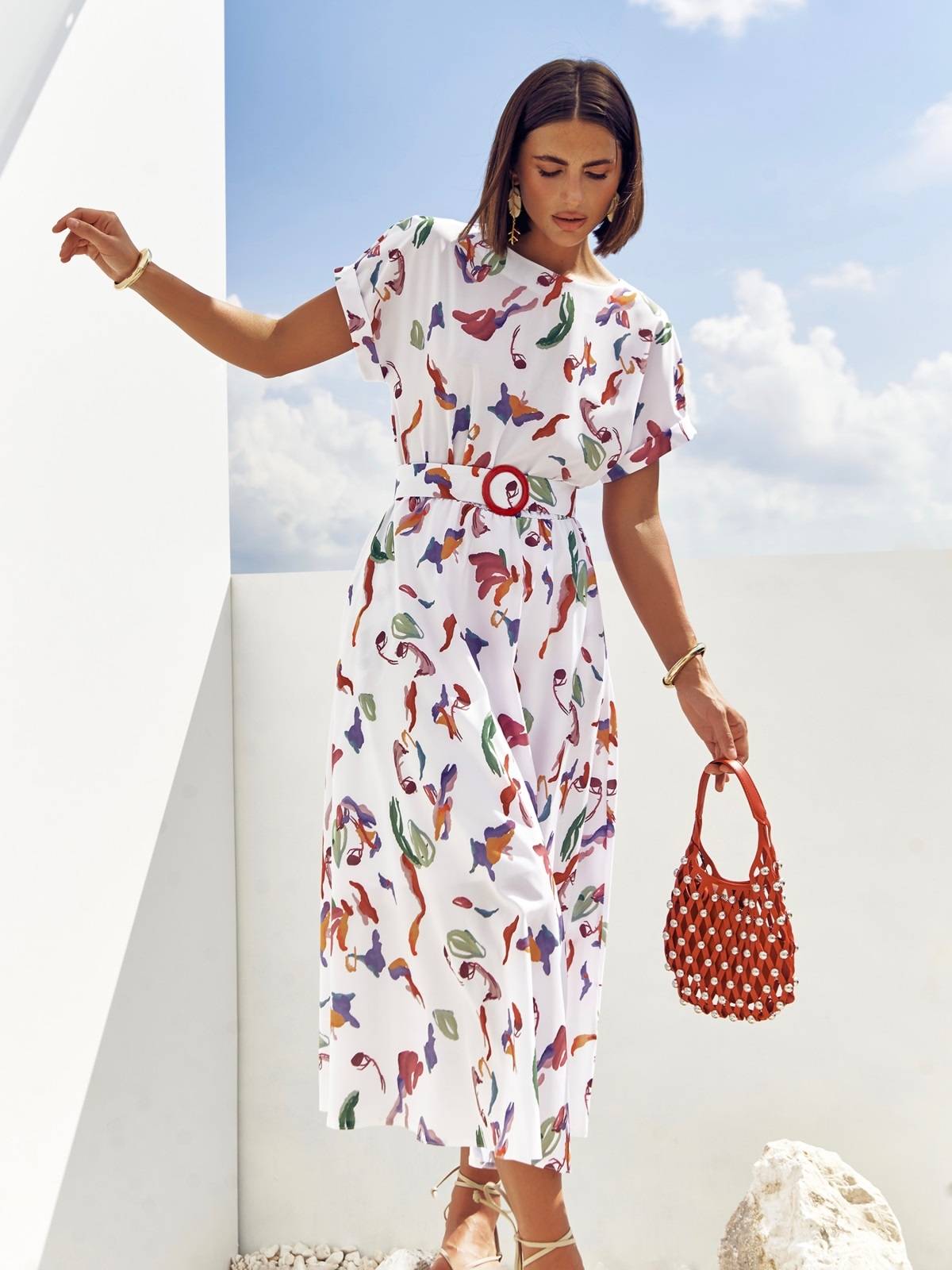 Літнє плаття кльош із софту біле з принтом | 89627