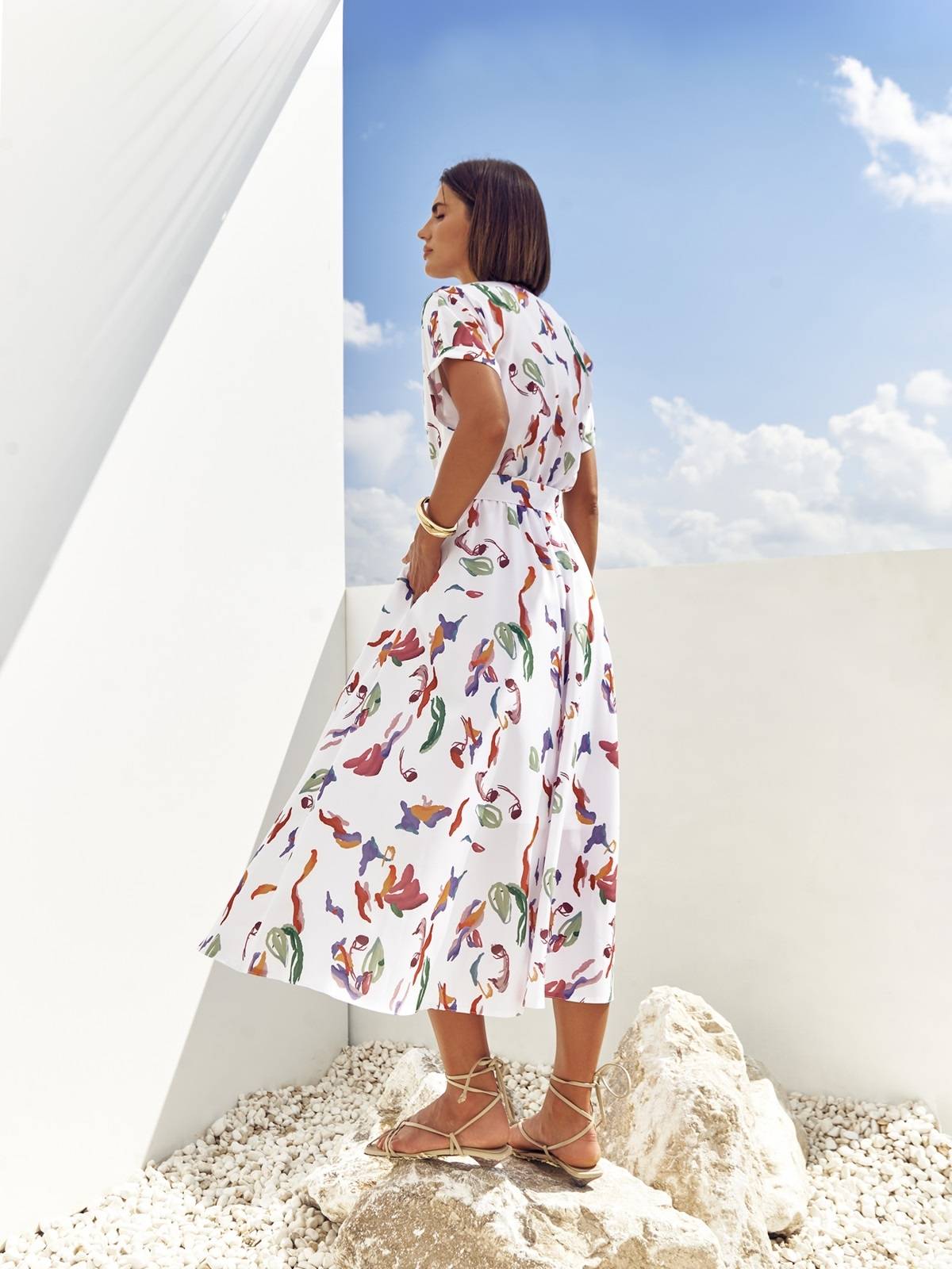 Літнє плаття кльош із софту біле з принтом | 89627