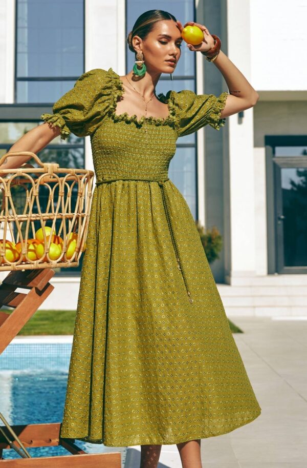 Літня розкльошена сукня з прошви хакі | 89874