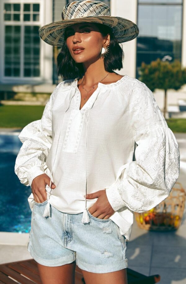 Літня бавовняна блузка з вишивкою біла | 90213