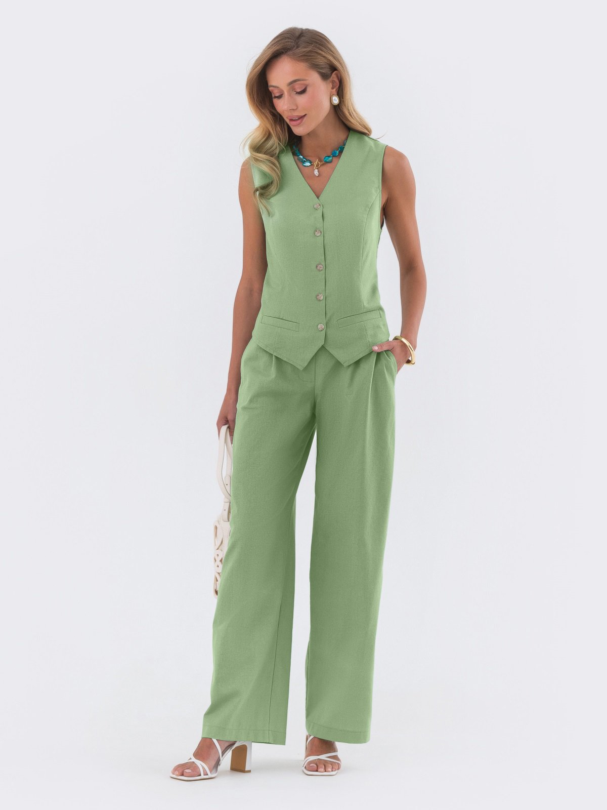 Літній костюм штани та жилет зелений | 90056