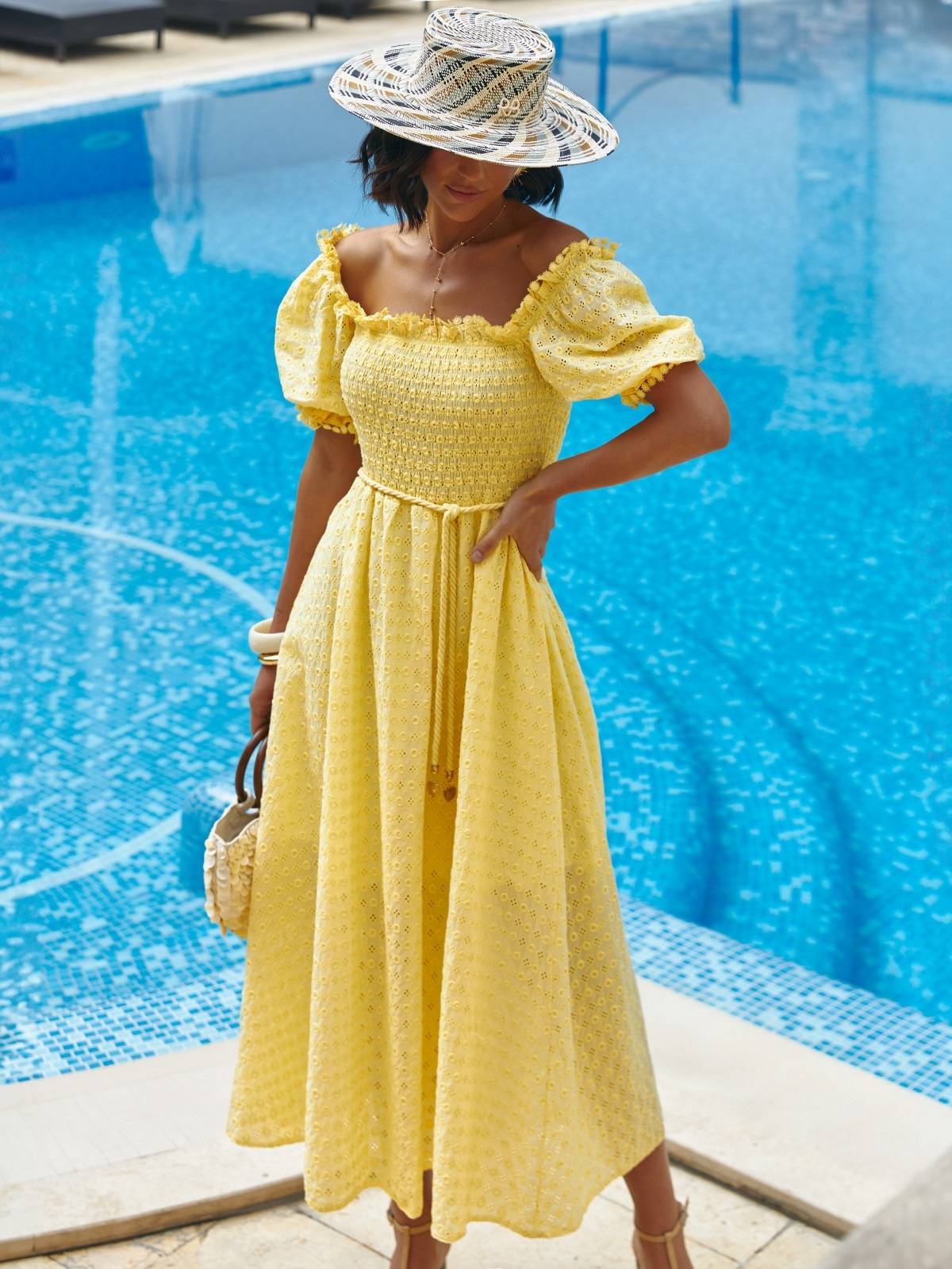 Літня розкльошена сукня з прошви жовта | 89864 Літня розкльошена сукня з прошви жовта | 89864