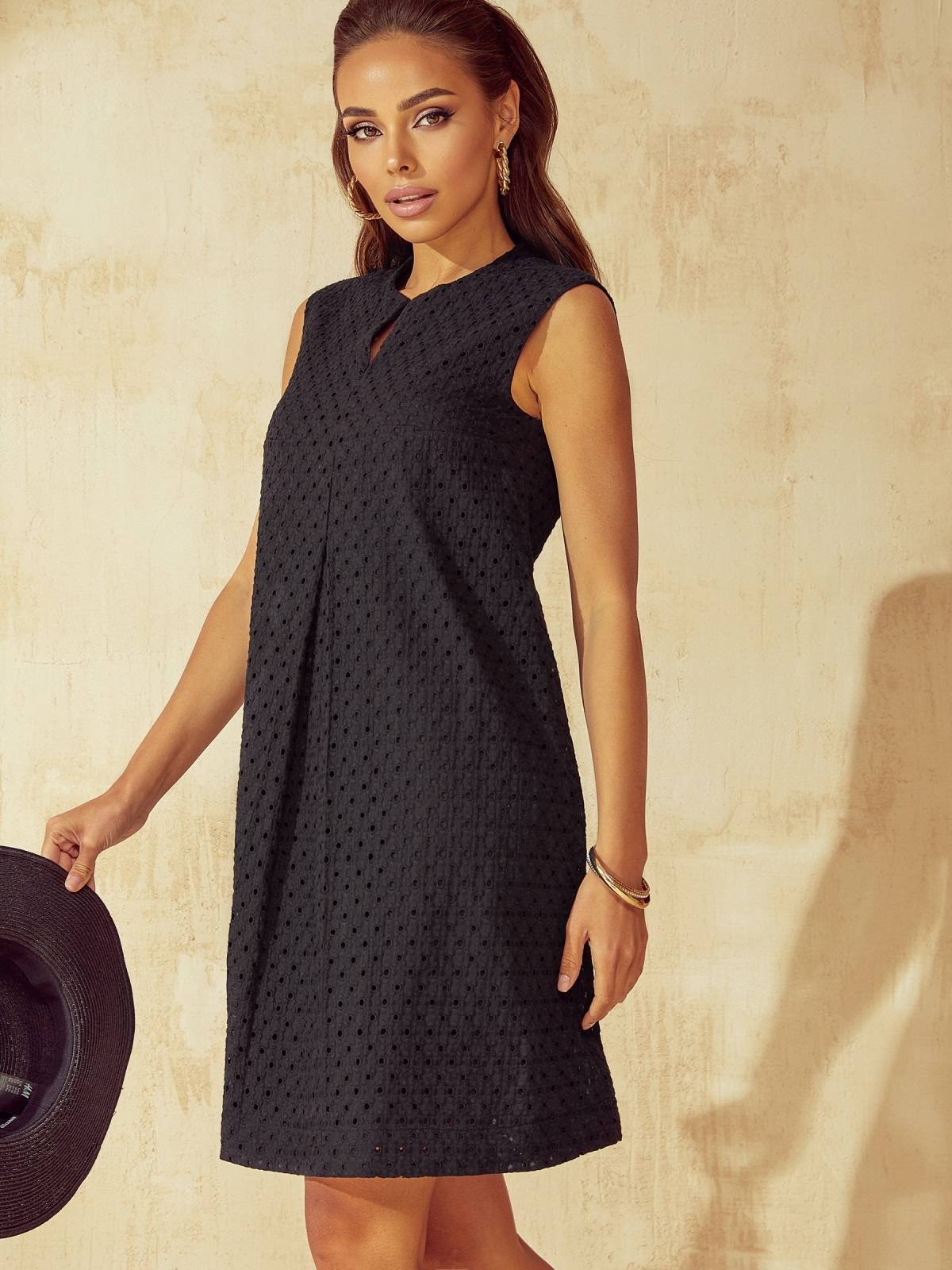 Літнє чорне плаття-трапеція із прошви | 90155 Літнє чорне плаття-трапеція із прошви | 90155