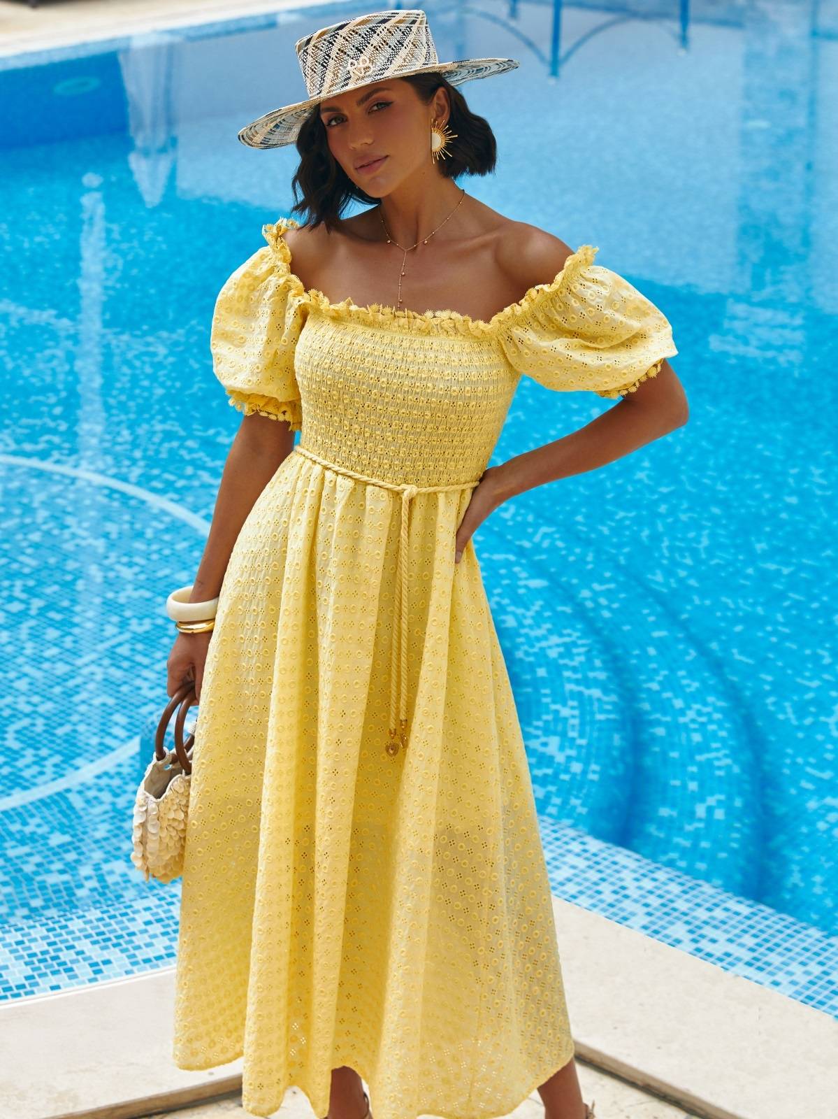 Літня розкльошена сукня з прошви жовта | 89864 Літня розкльошена сукня з прошви жовта | 89864