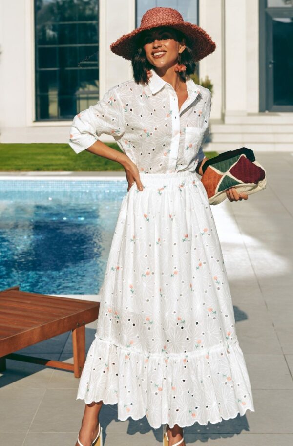 Літній костюм зі спідницею з прошви білий | 89998