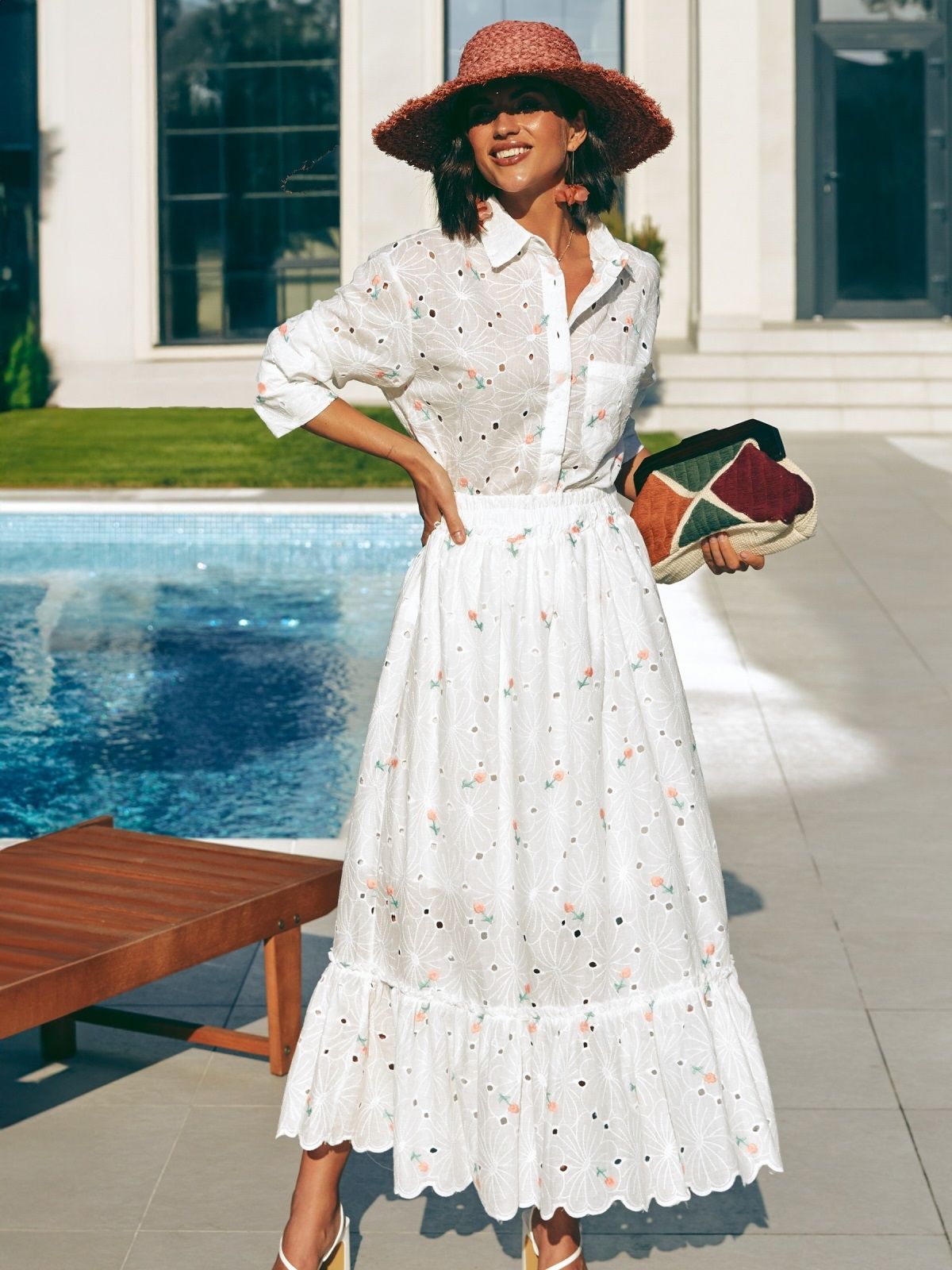 Літній костюм зі спідницею з прошви білий | 89998 Літній костюм зі спідницею з прошви білий | 89998