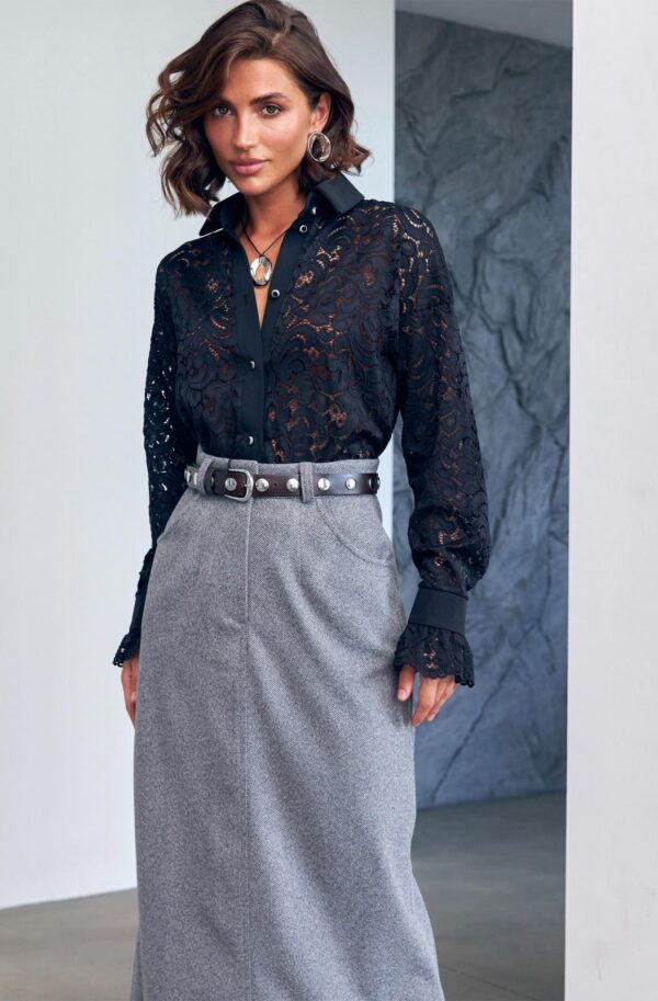 Трендова мереживна сорочка чорна | 90249