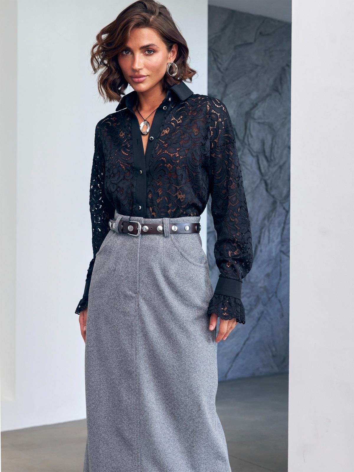 Трендова мереживна сорочка чорна | 90249