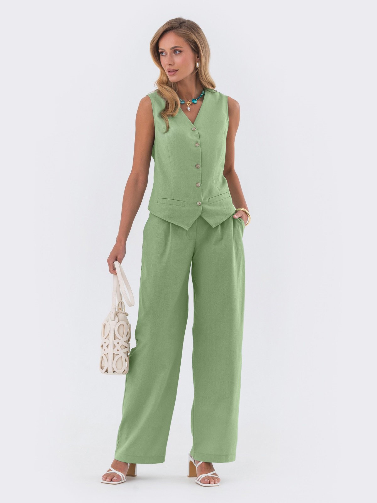 Літній костюм штани та жилет зелений | 90056