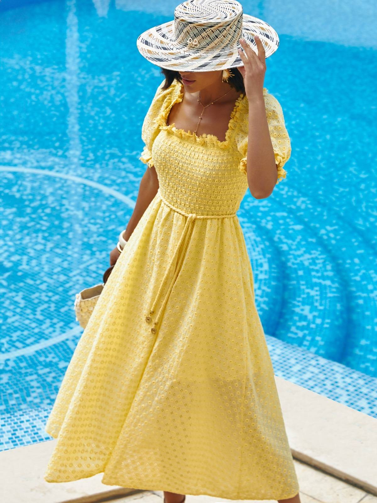 Літня розкльошена сукня з прошви жовта | 89864 Літня розкльошена сукня з прошви жовта | 89864