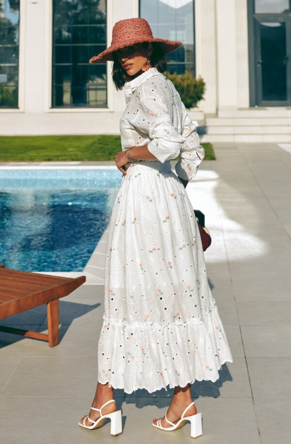 Літній костюм зі спідницею з прошви білий | 89998