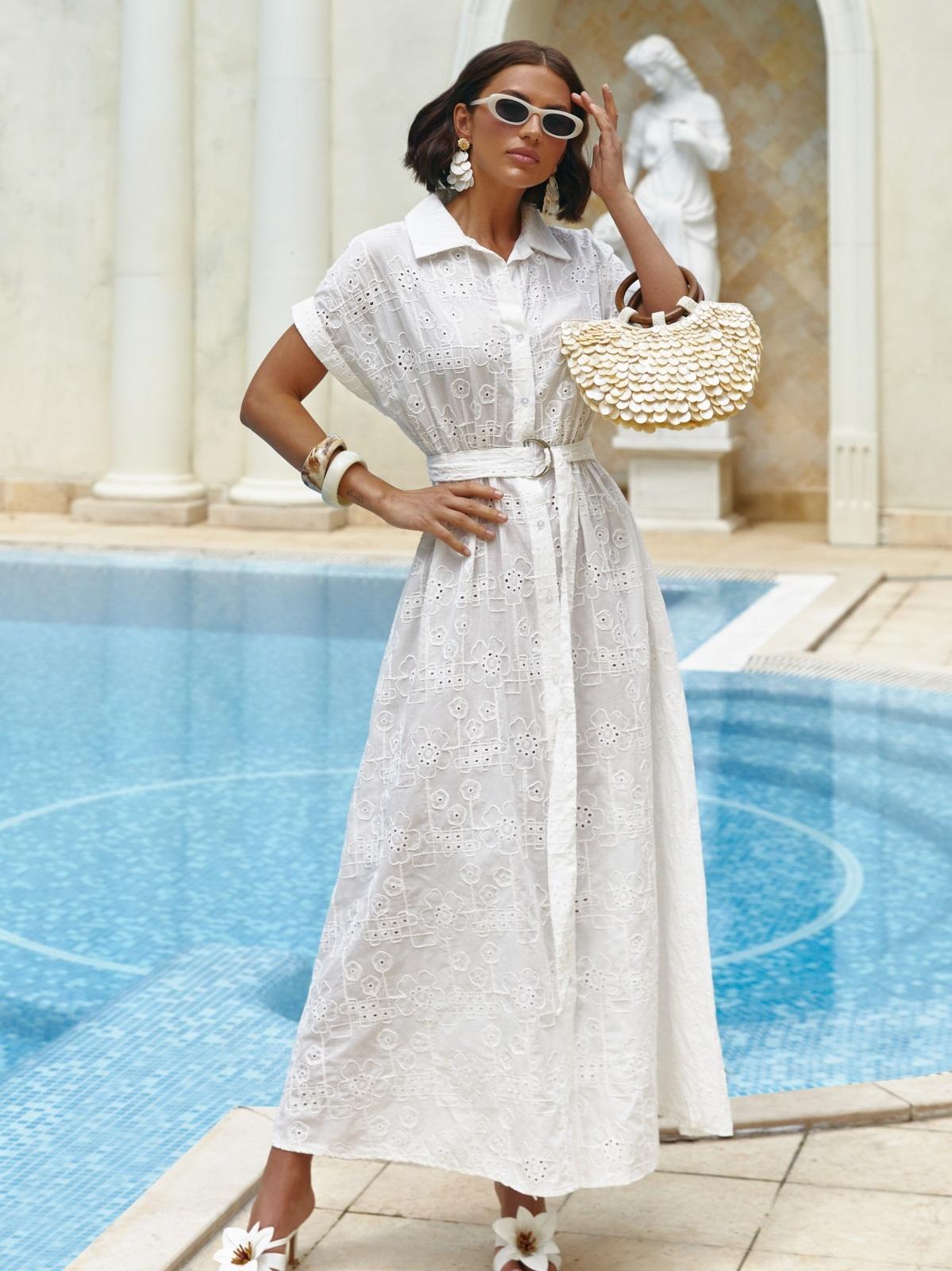 Літня довга сукня-сорочка з прошви біла | 89897) Літня довга сукня-сорочка з прошви біла | 89897