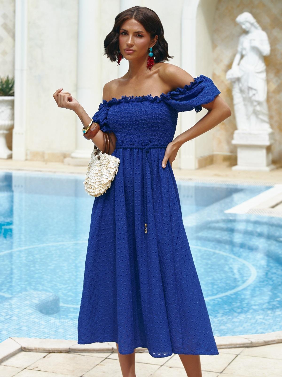 Літня розкльошена сукня з прошви синя | 89881 Літня розкльошена сукня з прошви синя | 89881