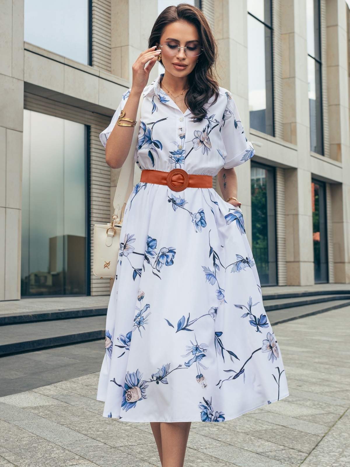 Літня сукня-сорочка біла в квітковий принт | 90488