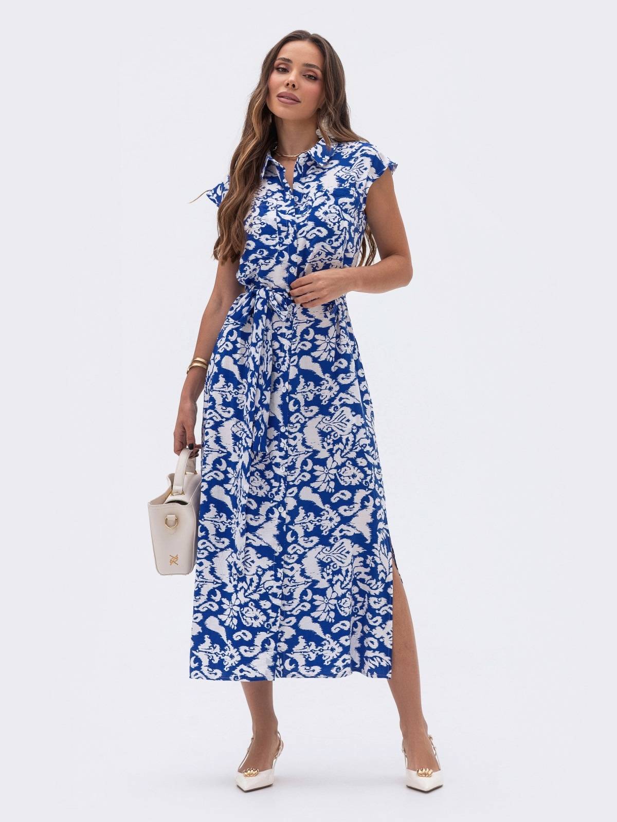 Літня сукня-сорочка з льону синя в принт | 90635