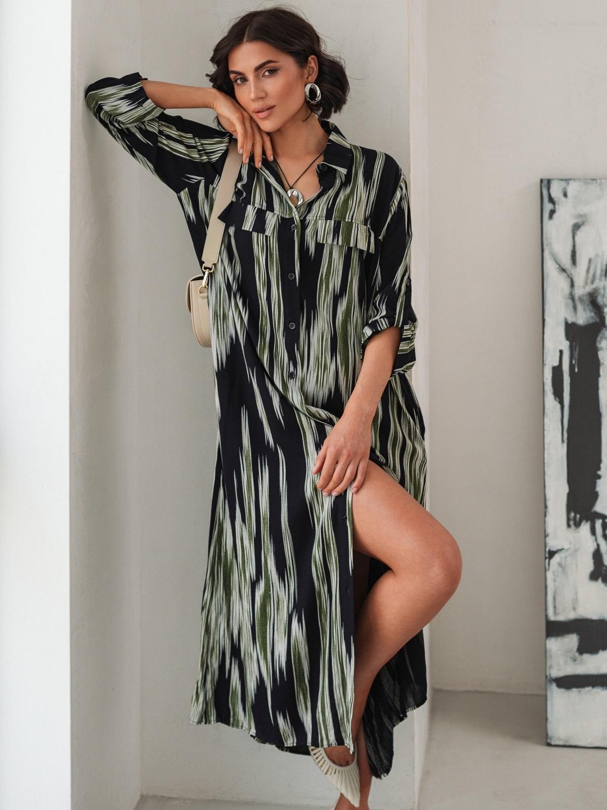 Літня сукня-сорочка оверсайз чорно-зелена | 90601