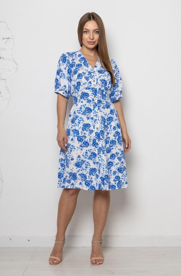 Лляна сукня біла у синій квітковий принт | 90534