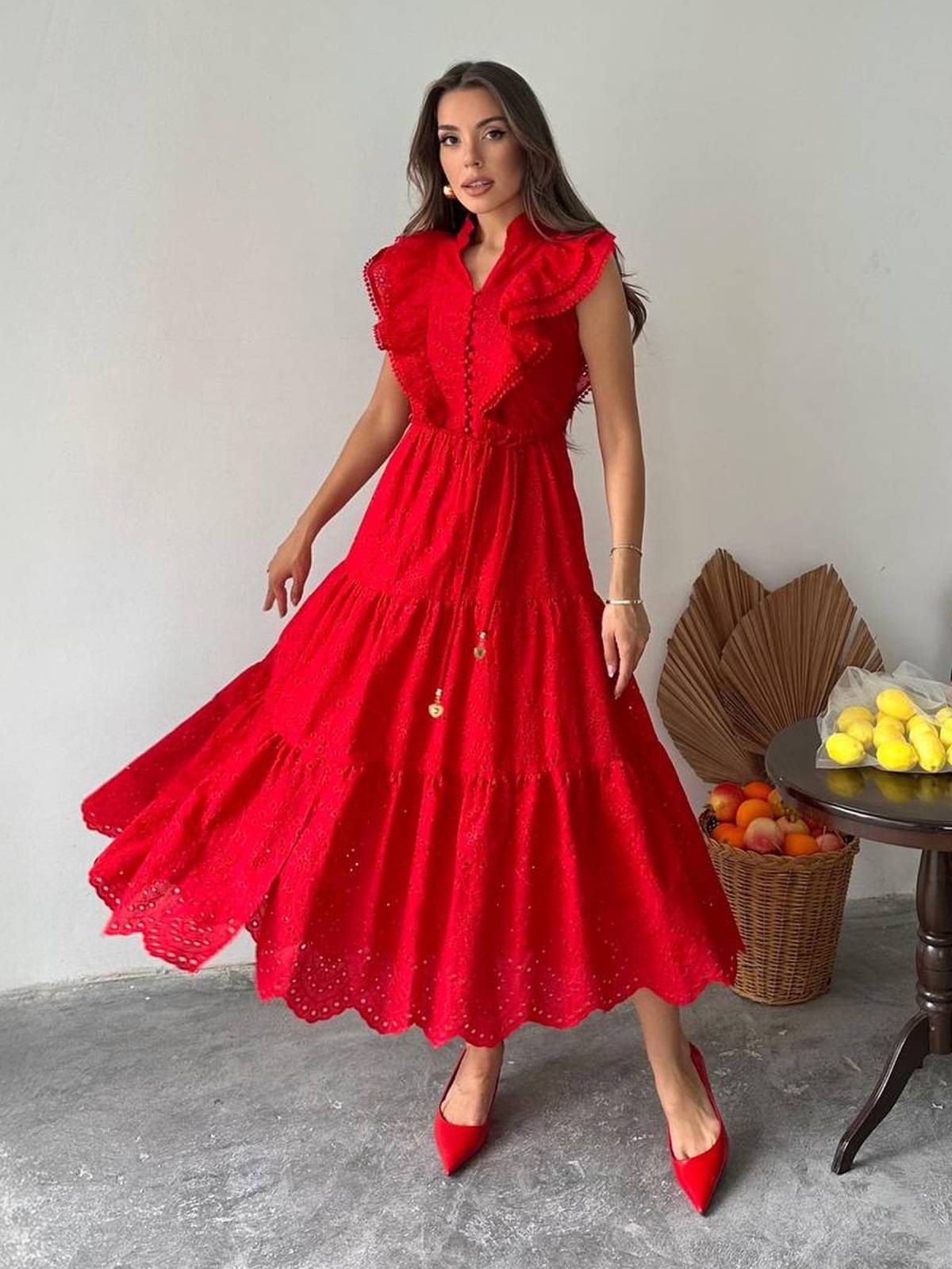 Літнє плаття-кльош червоне з прошви | 90546 Літнє плаття-кльош червоне з прошви | 90546