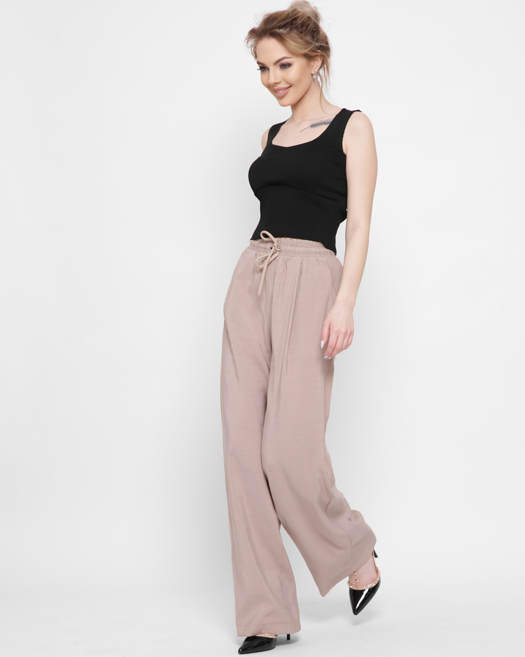 Бавовняні літні штани палаццо бежеві | 90410