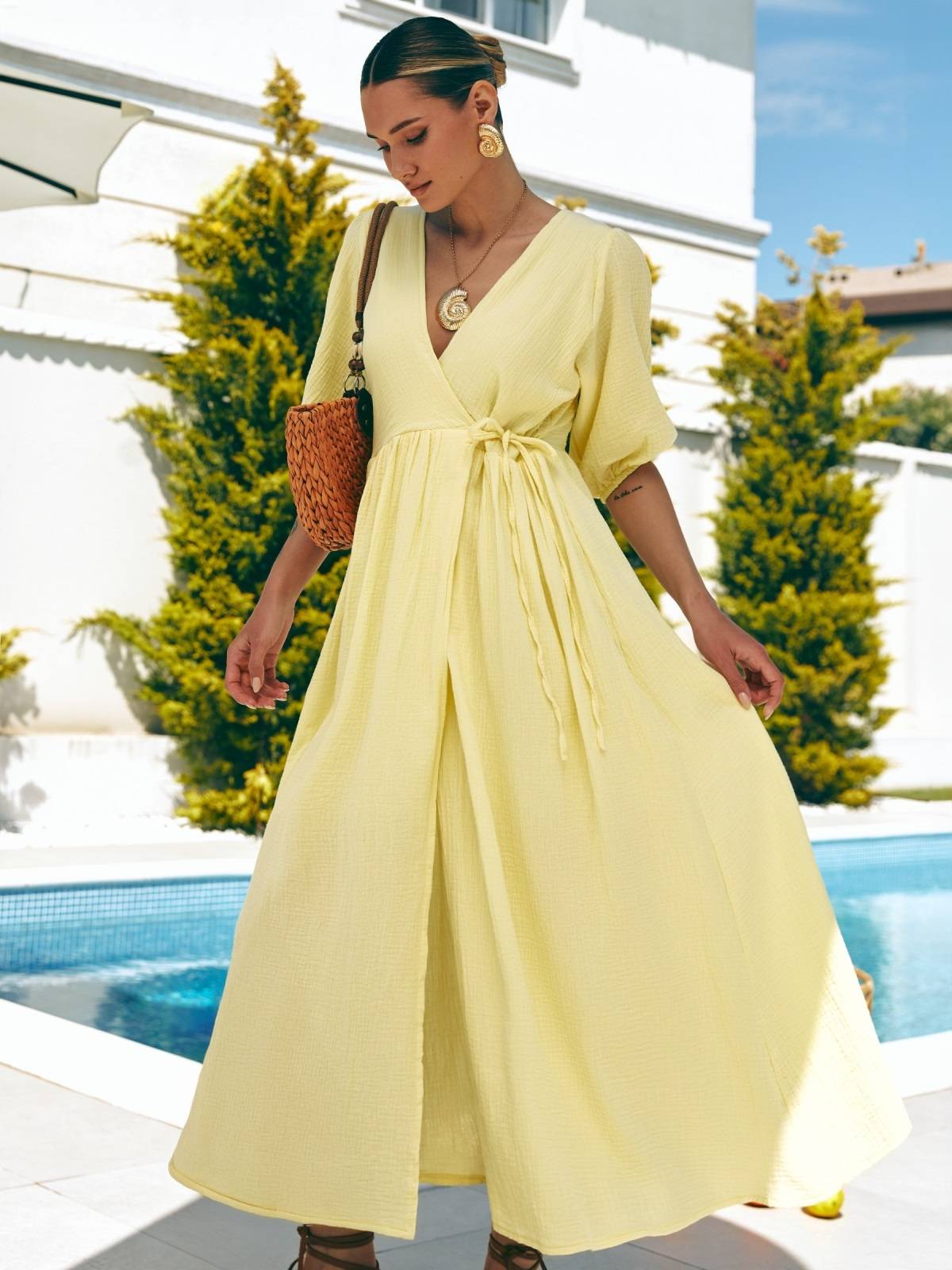 Літня сукня на запах із мусліну жовта | 90286 Літня сукня на запах із мусліну жовта | 90286
