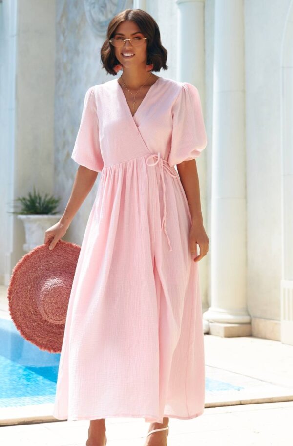 Літня сукня на запах із мусліну пудрова | 90295