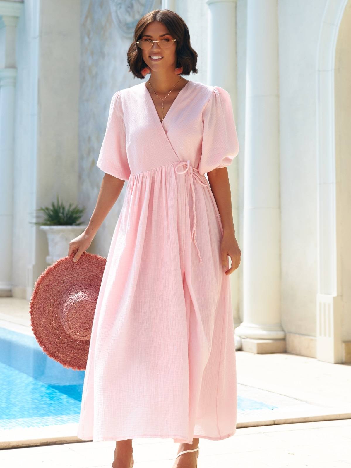 Літня сукня на запах із мусліну пудрова | 90295 Літня сукня на запах із мусліну пудрова | 90295