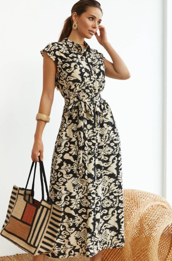 Літня сукня-сорочка з льону чорна в принт | 90624