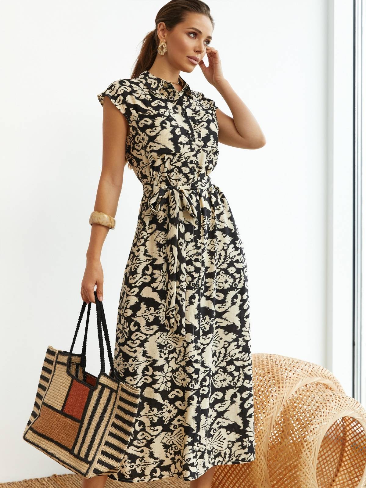 Літня сукня-сорочка з льону чорна в принт | 90624 Літня сукня-сорочка з льону чорна в принт | 90624