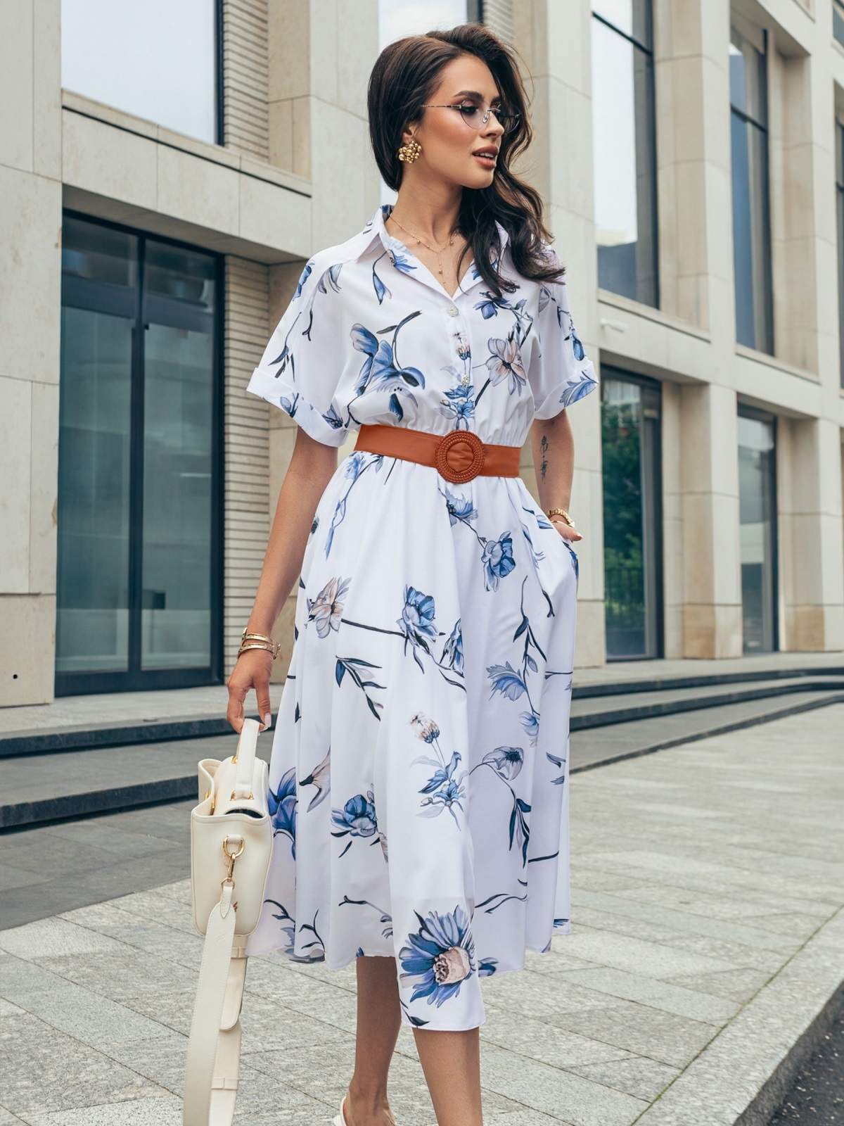 Літня сукня-сорочка біла в квітковий принт | 90488