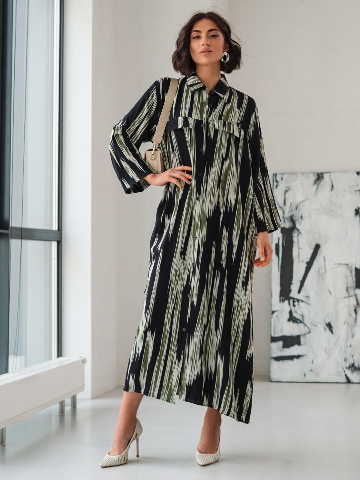 Літня сукня-сорочка оверсайз чорно-зелена | 90601