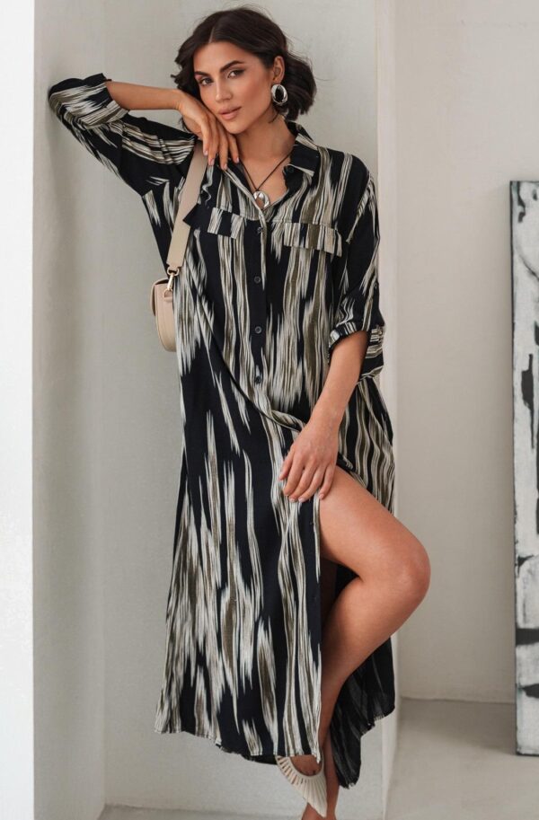 Літня сукня-сорочка оверсайз чорна в принт | 90615