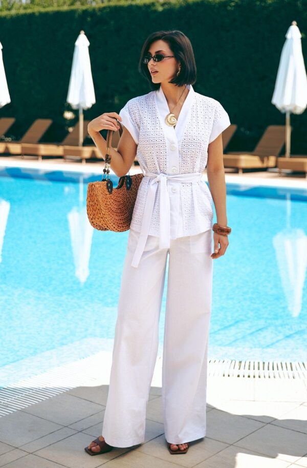 Літній костюм з широкими штанами білий | 90676