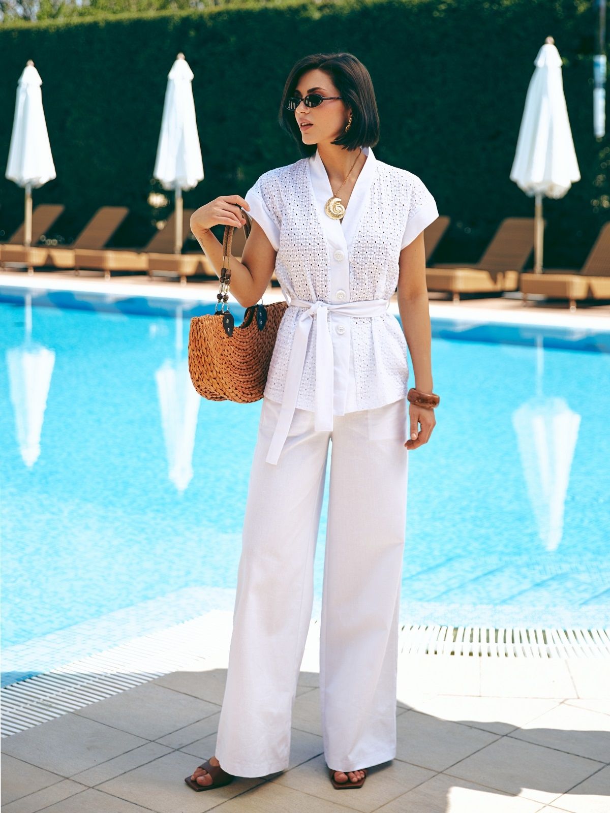 Літній костюм з широкими штанами білий | 90676 Літній костюм з широкими штанами білий | 90676