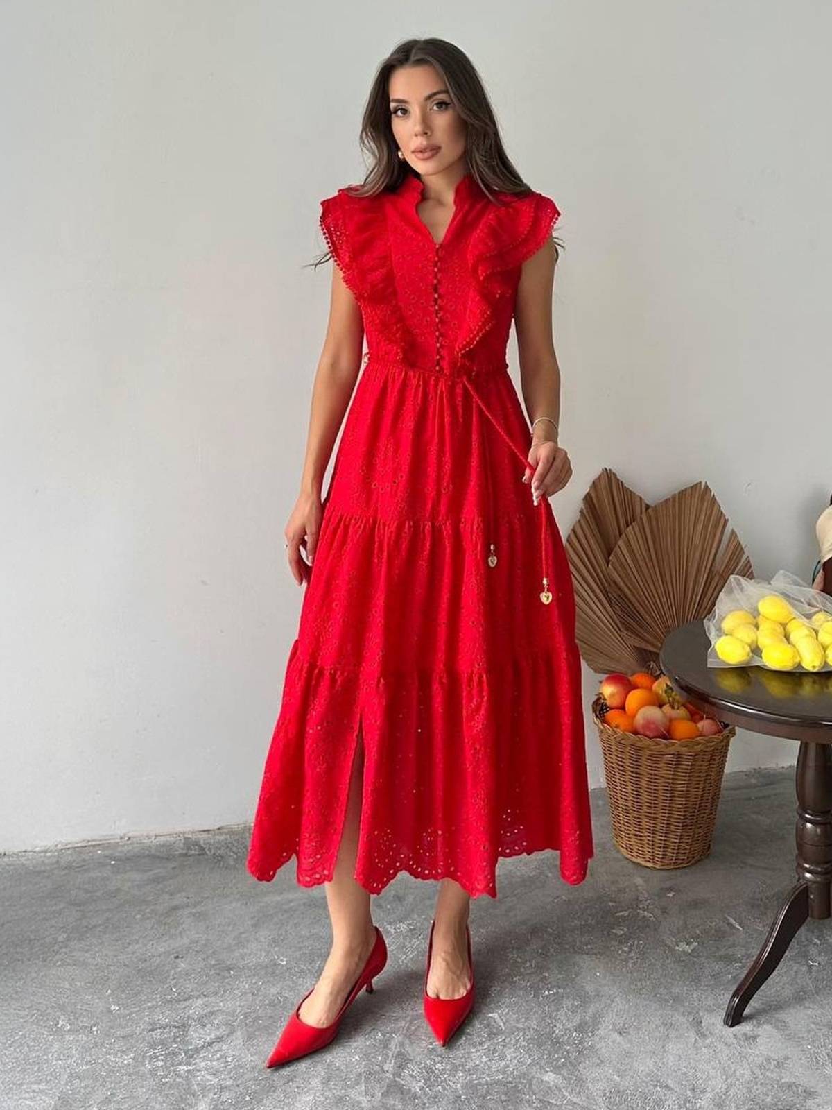 Літнє плаття-кльош червоне з прошви | 90546 Літнє плаття-кльош червоне з прошви | 90546