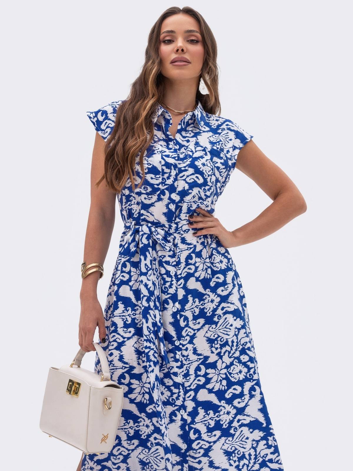 Літня сукня-сорочка з льону синя в принт | 90635