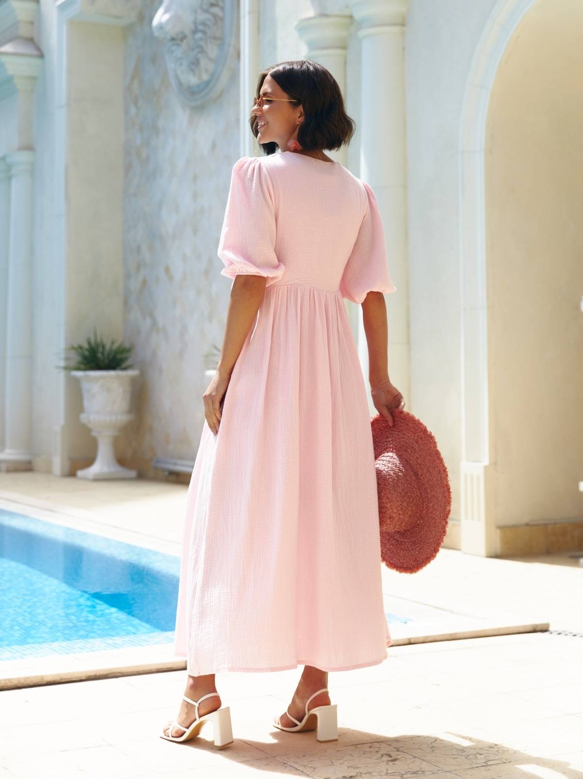 Літня сукня на запах із мусліну пудрова | 90295 Літня сукня на запах із мусліну пудрова | 90295