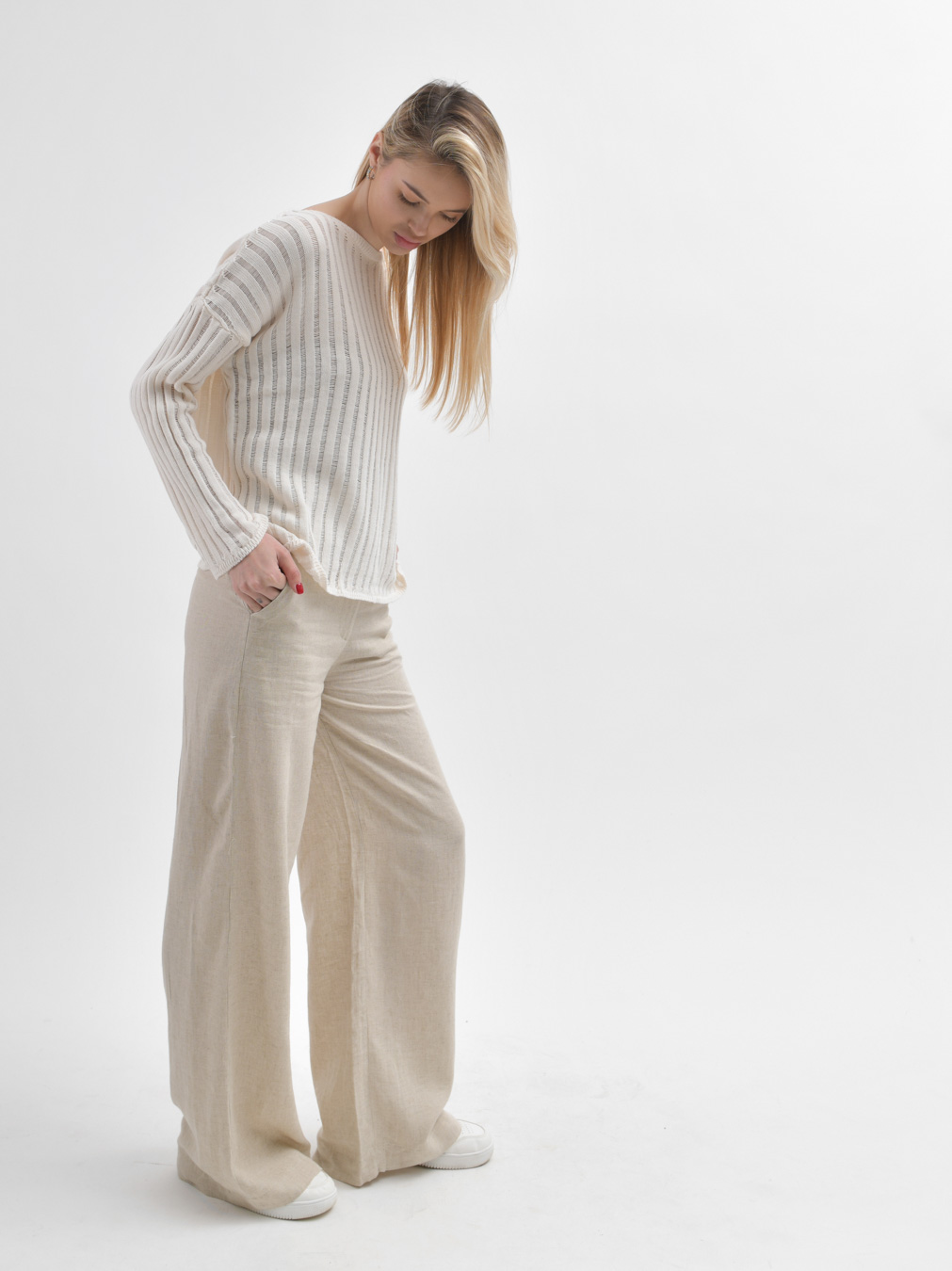 Жіночі широкі штани з льону бежеві | 90360