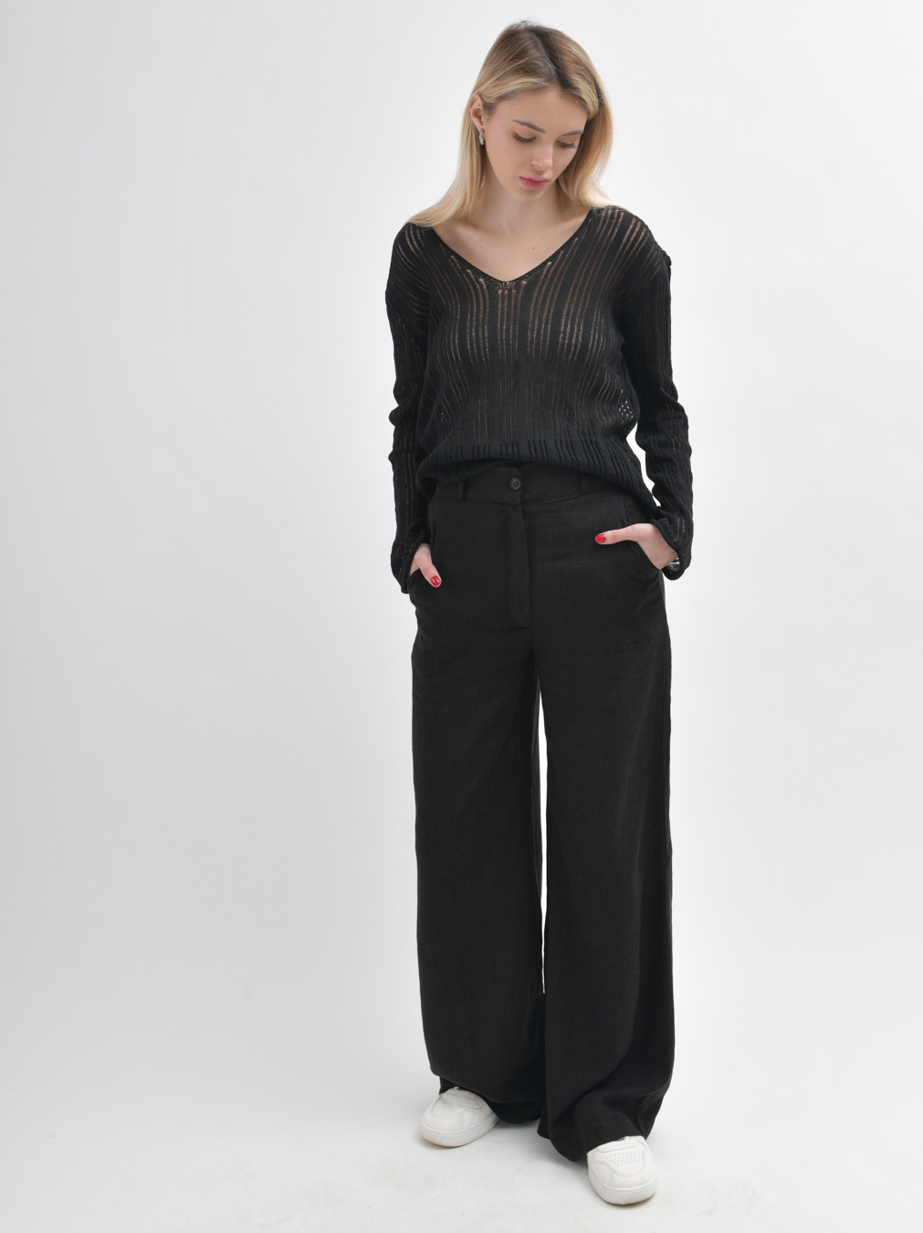 Жіночі широкі штани з льону чорні | 90372