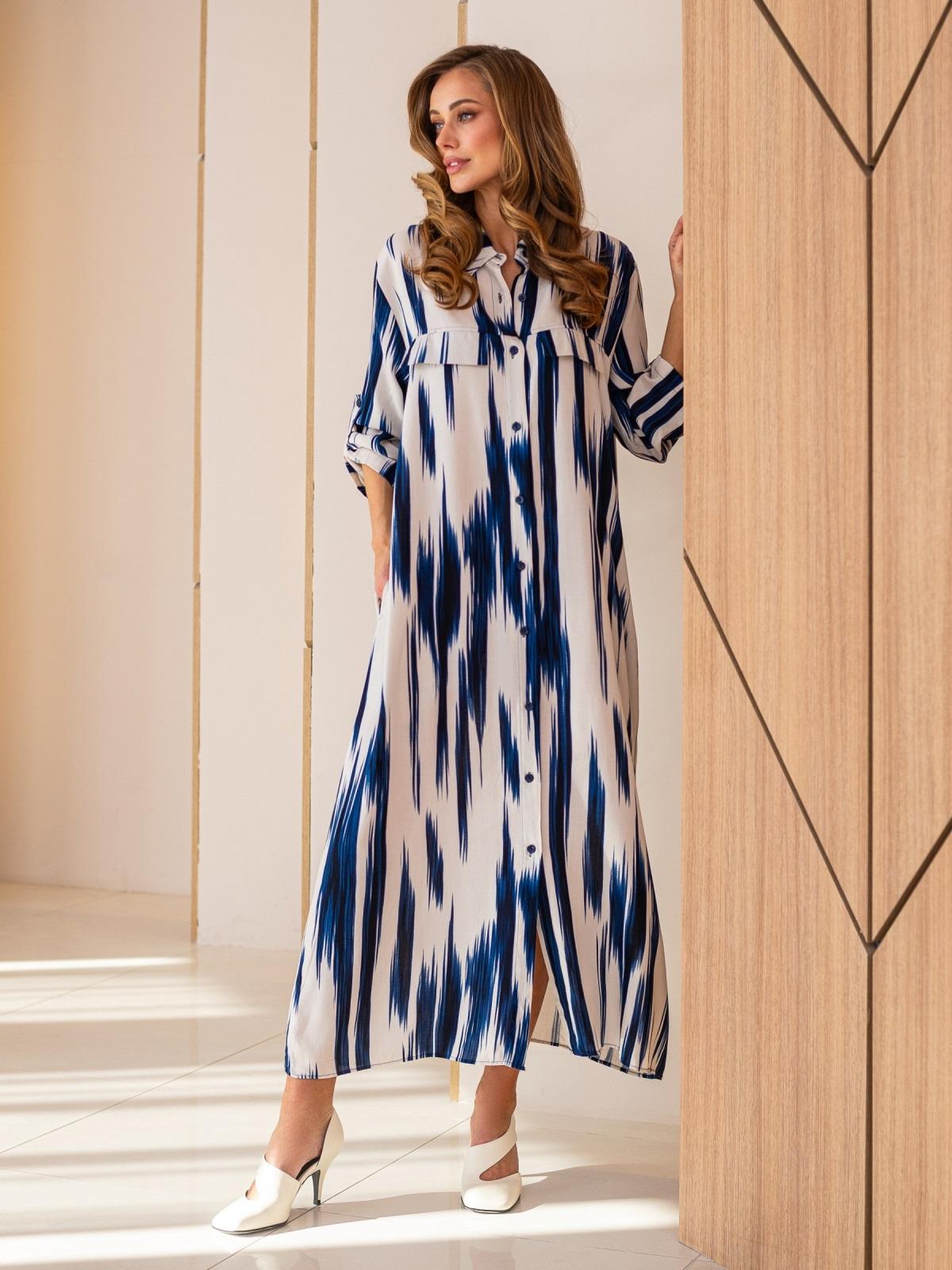Літня сукня-сорочка оверсайз біло-синя | 90609