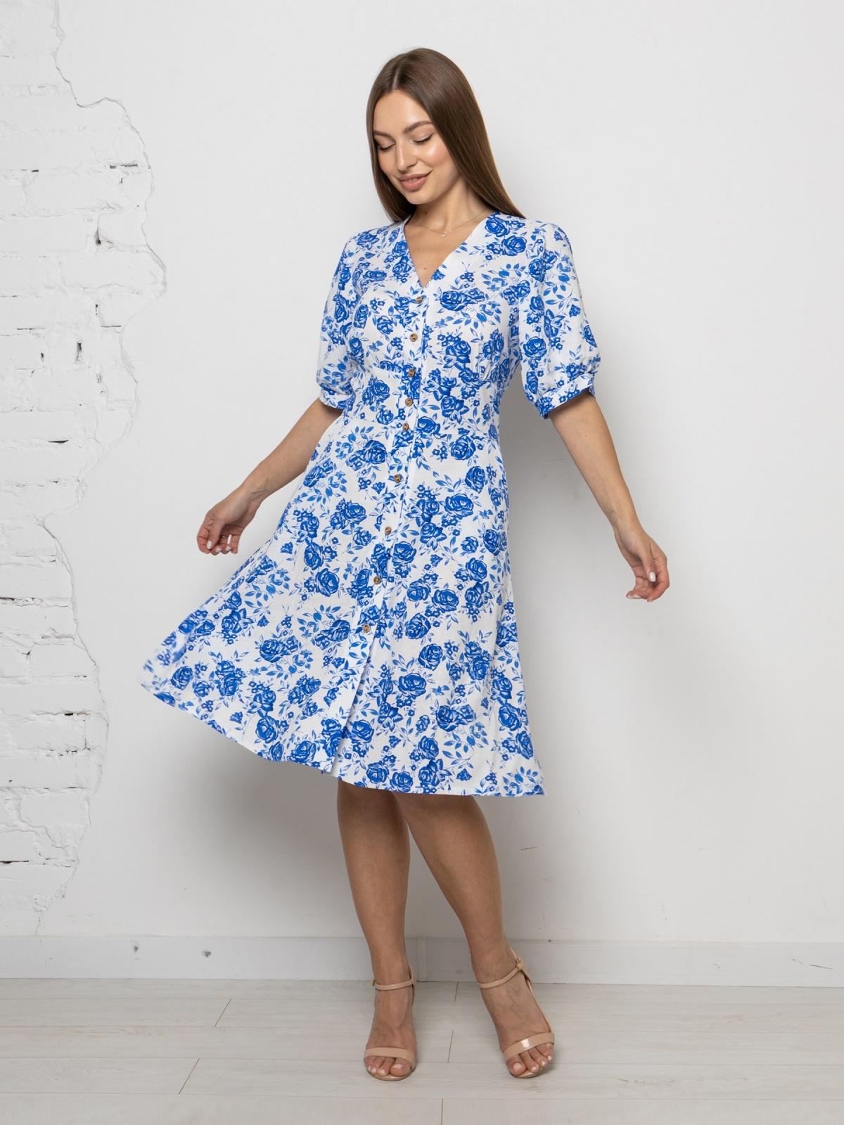 Лляна сукня біла у синій квітковий принт | 90534 Лляна сукня біла у синій квітковий принт | 90534