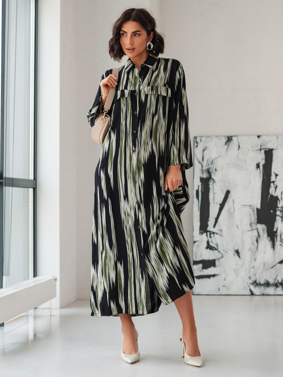 Літня сукня-сорочка оверсайз чорно-зелена | 90601