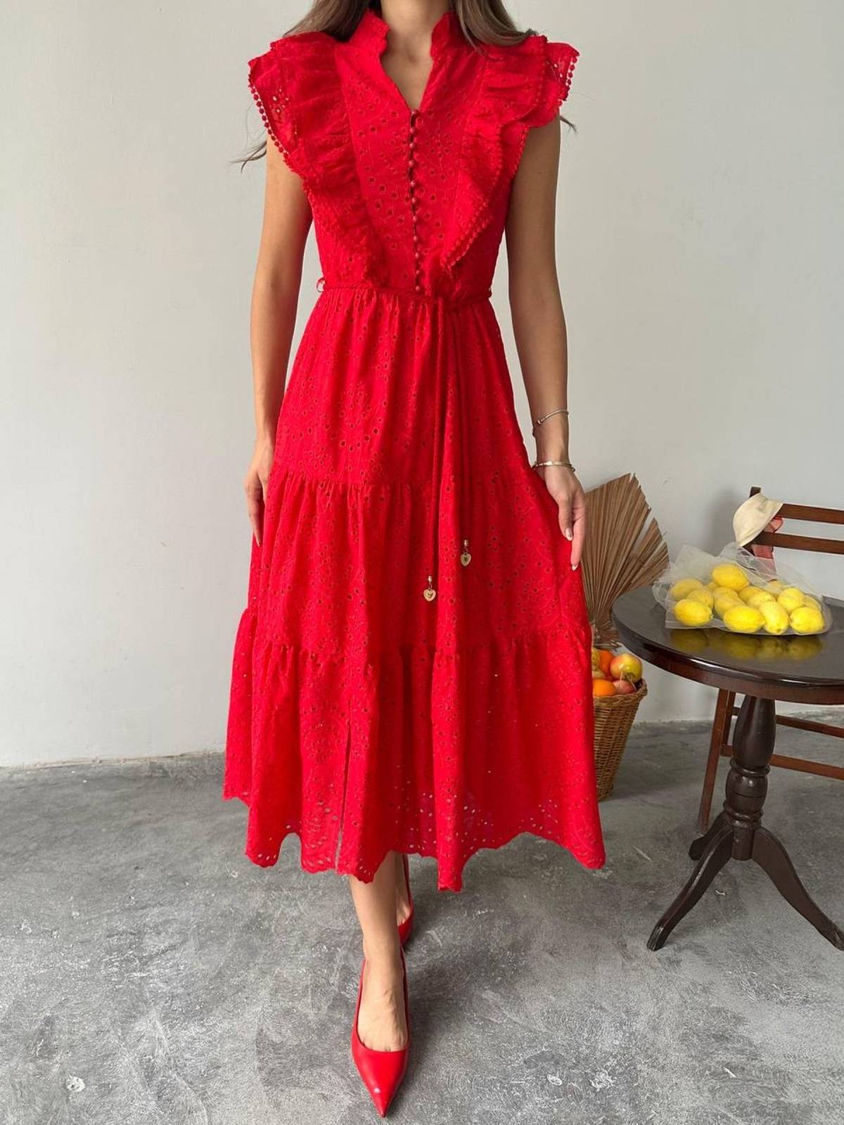 Літнє плаття-кльош червоне з прошви | 90546 Літнє плаття-кльош червоне з прошви | 90546