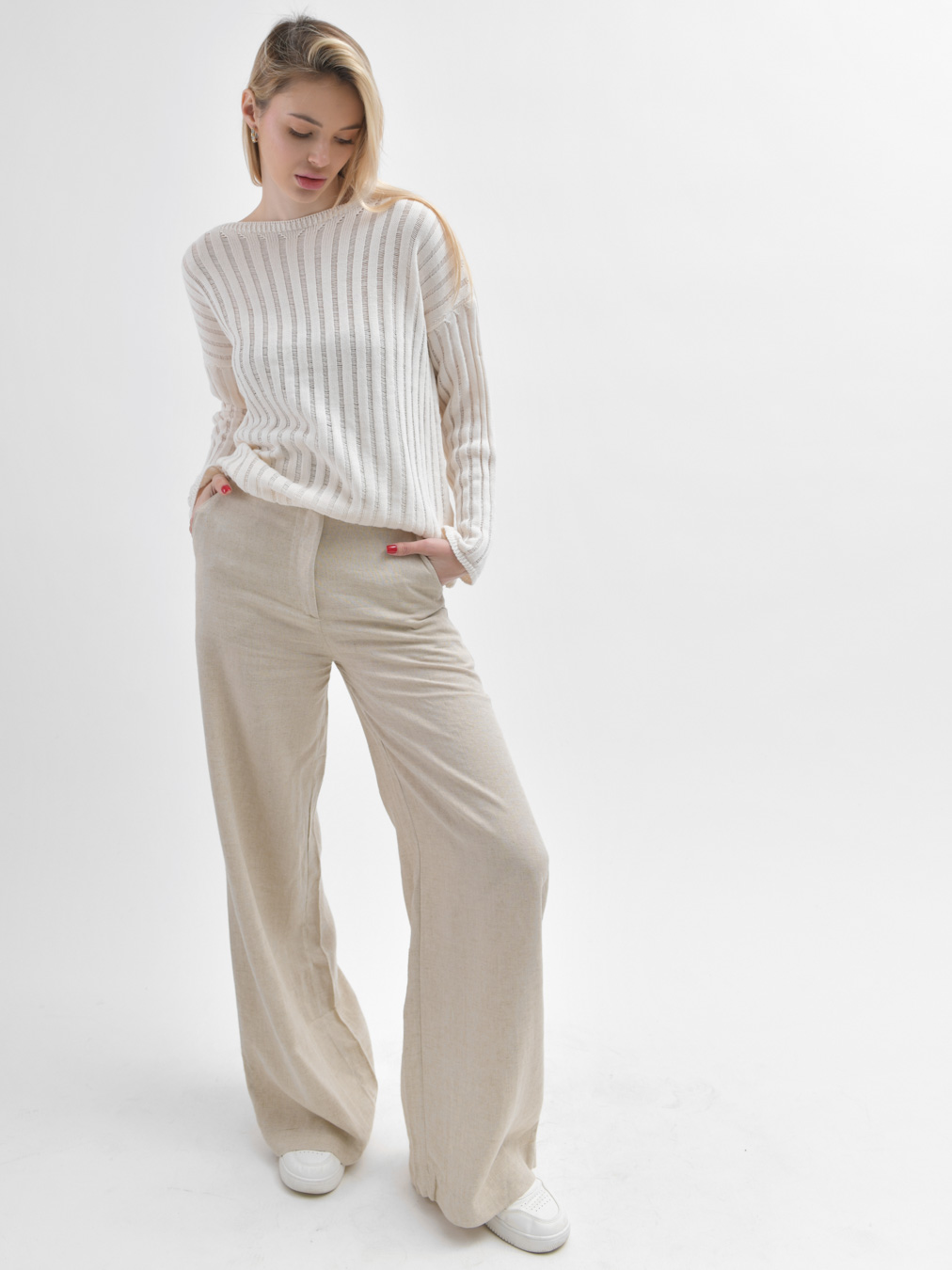 Жіночі широкі штани з льону бежеві | 90360