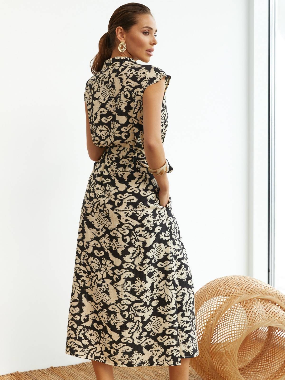 Літня сукня-сорочка з льону чорна в принт | 90624 Літня сукня-сорочка з льону чорна в принт | 90624