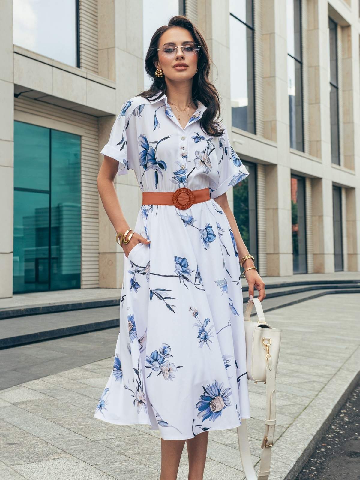 Літня сукня-сорочка біла в квітковий принт | 90488