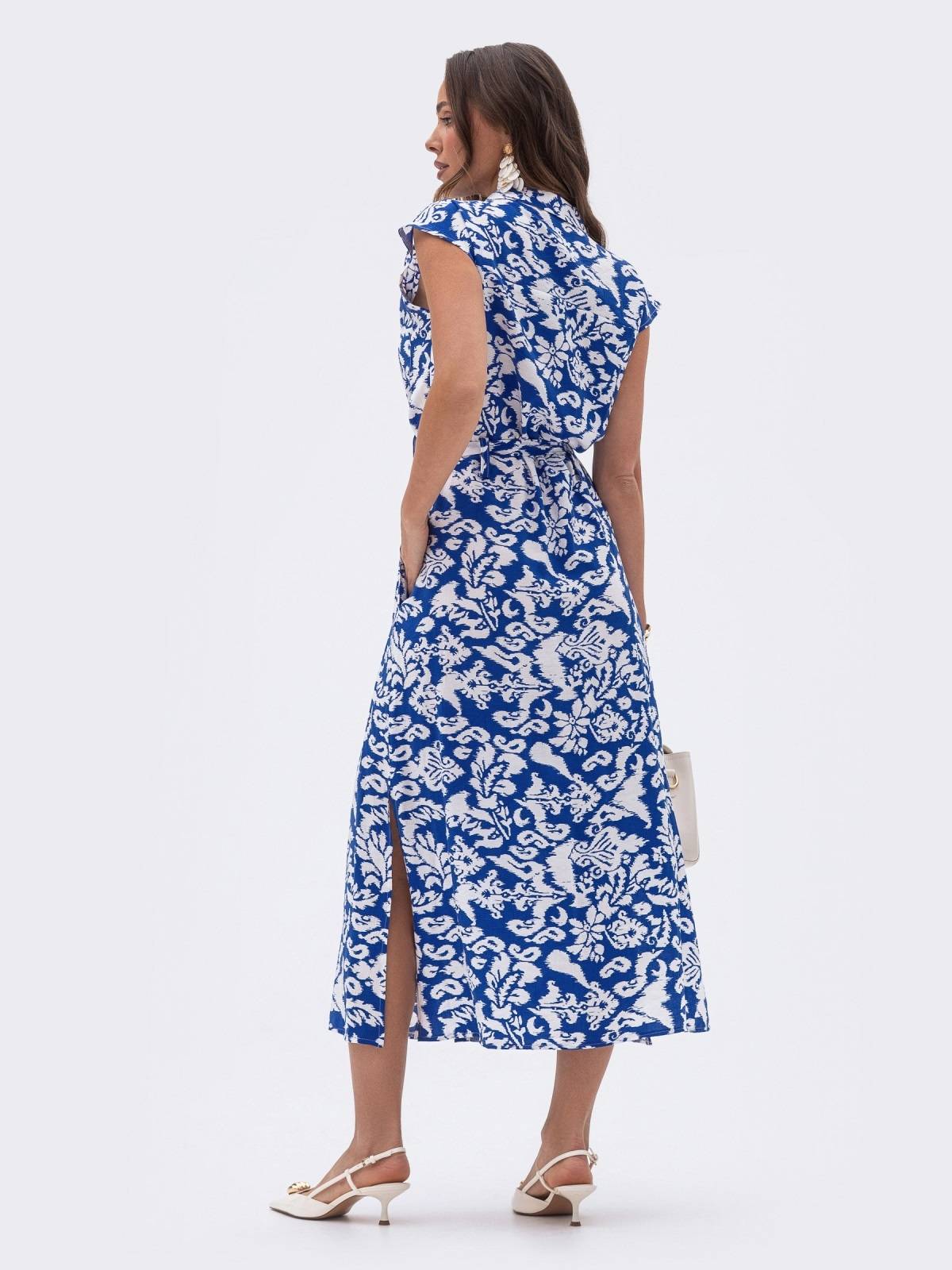 Літня сукня-сорочка з льону синя в принт | 90635