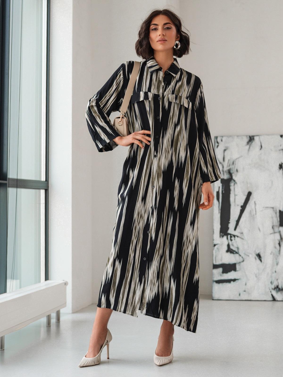 Літня сукня-сорочка оверсайз чорна в принт | 90615