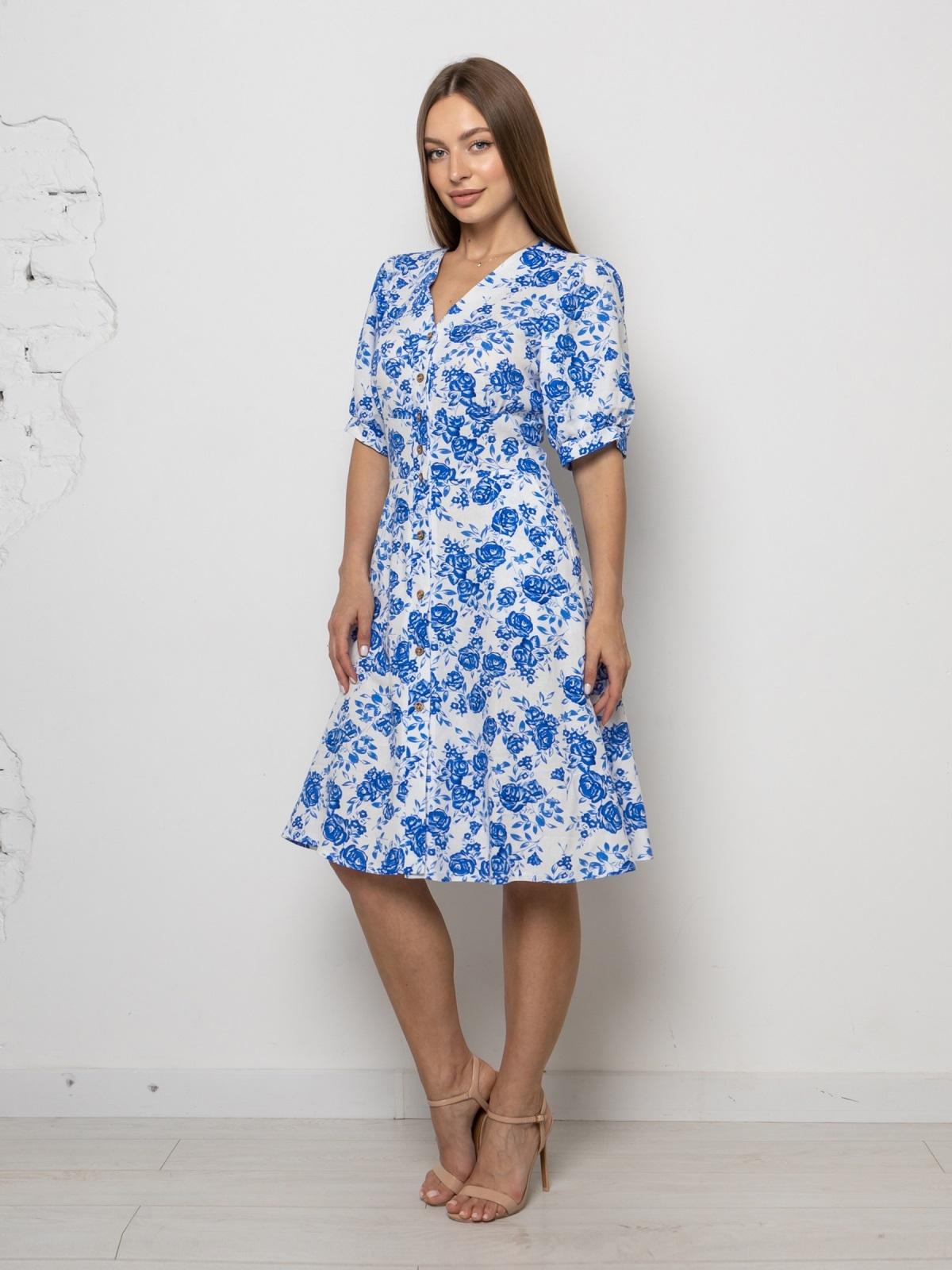 Лляна сукня біла у синій квітковий принт | 90534 Лляна сукня біла у синій квітковий принт | 90534